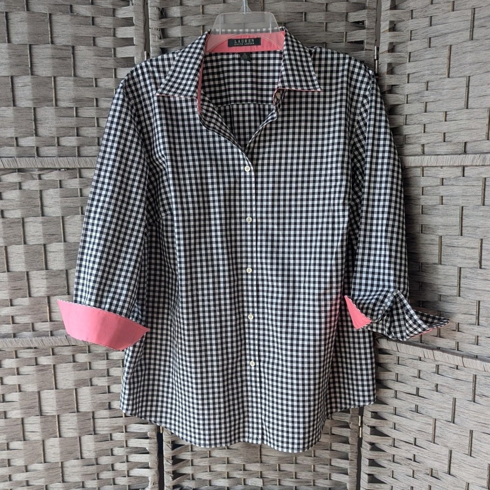 Lauren Ralph Lauren Button Up Black White Gingham 3/4 Sleeve 1X Classic Office